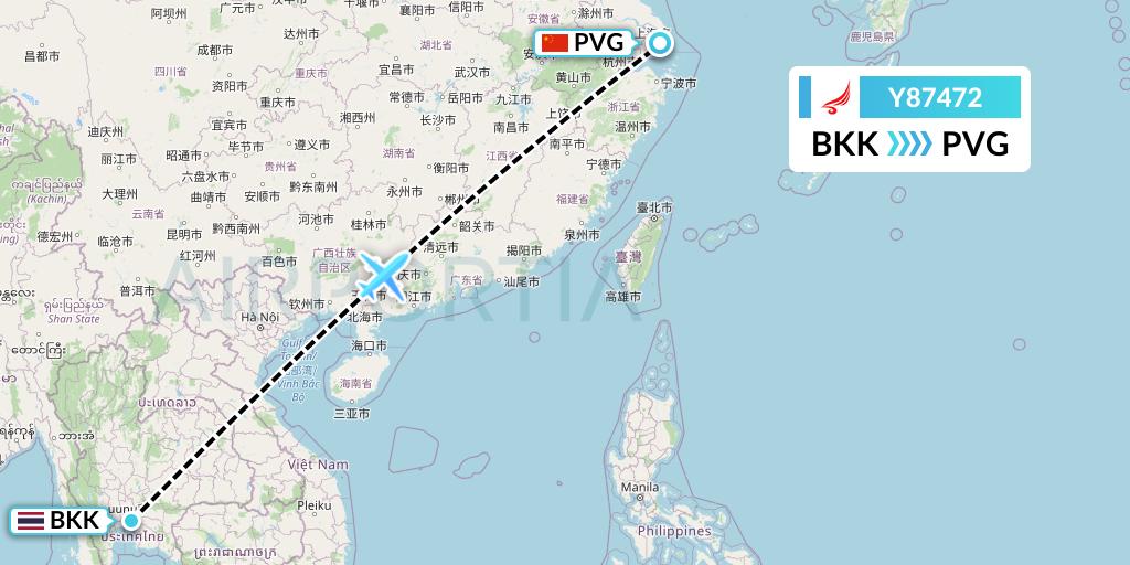 Y87472 Yangtze River Express Flight Map: Bangkok to Shanghai