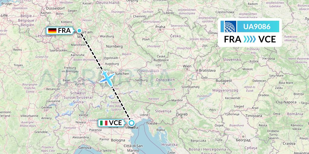 UA9086 United Airlines Flight Map: Frankfurt to Venice