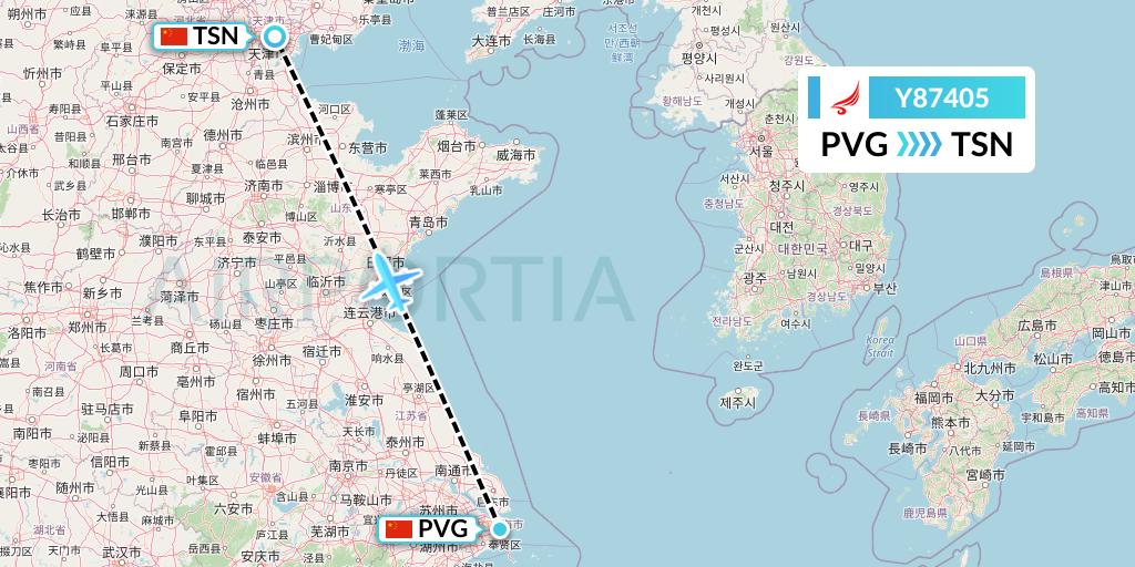 Y87405 Yangtze River Express Flight Map: Shanghai to Tianjin