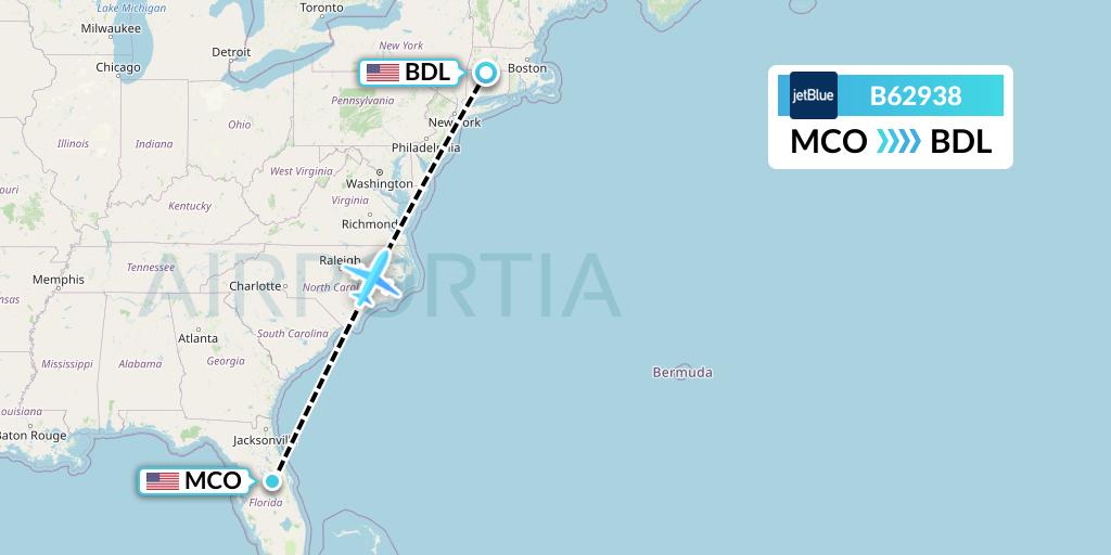 B62938 JetBlue Airways Flight Map: Orlando to Windsor Locks