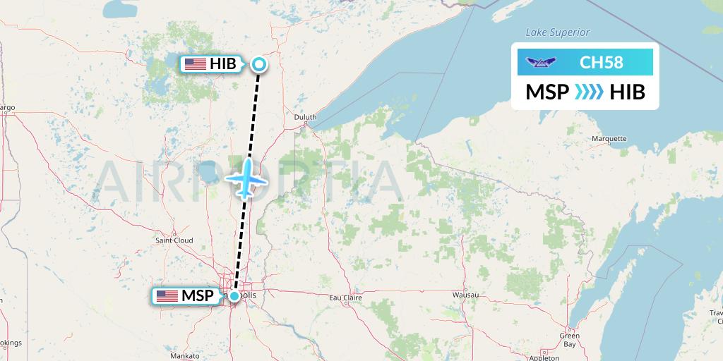 CH58 Bemidji Airlines Flight Map: Minneapolis to Hibbing