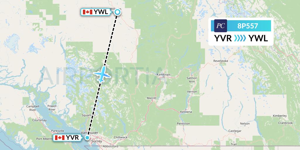 8P557 Pacific Coastal Airlines Flight Map: Vancouver to Williams Lake