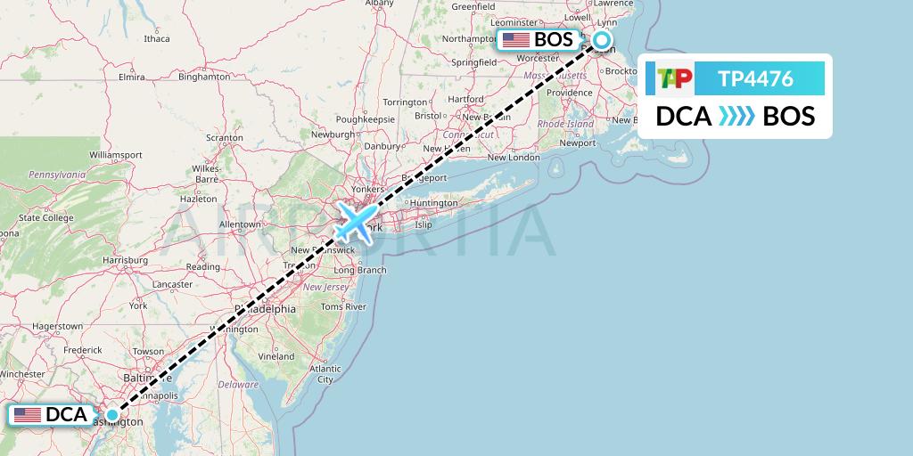 TP4476 TAP Portugal Flight Map: Washington to Boston