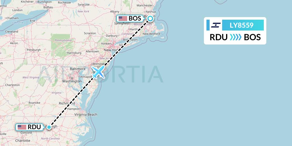 LY8559 El Al Flight Map: Raleigh-Durham to Boston