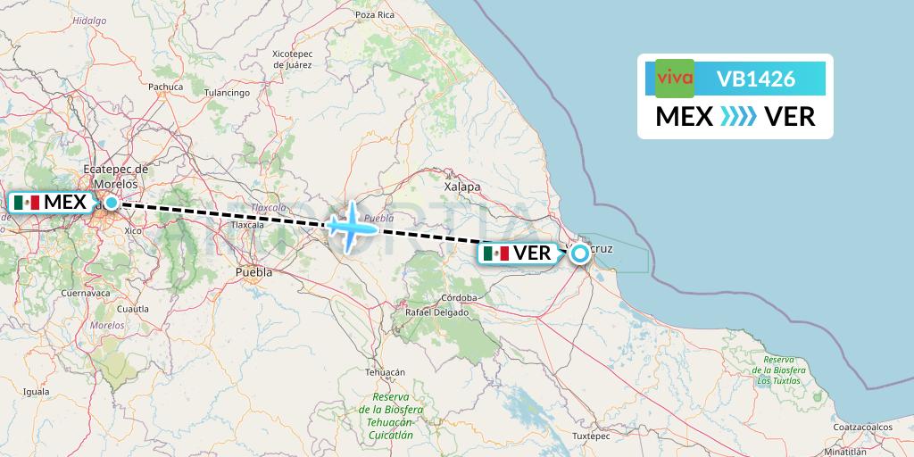 VB1426 VivaAerobus Flight Map: Mexico City to Veracruz