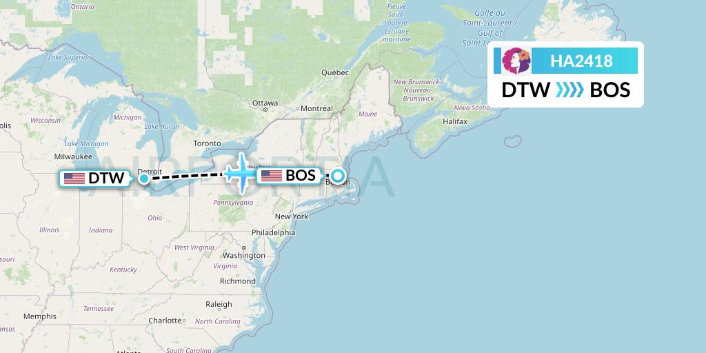 HA2418 Hawaiian Airlines Flight Map: Detroit to Boston
