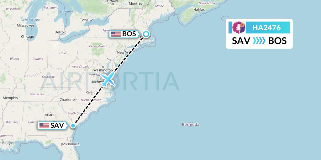 HA2476 Hawaiian Airlines Flight Map: Savannah to Boston