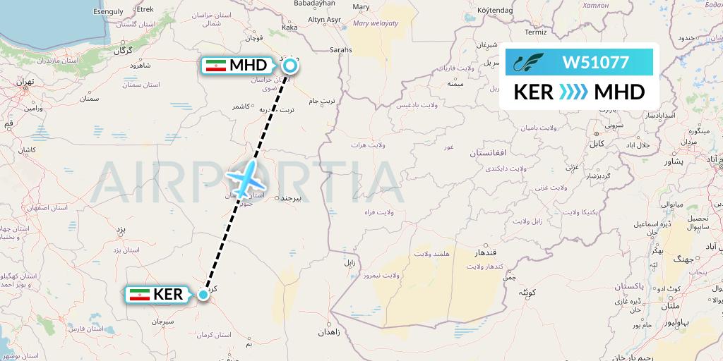 W51077 Mahan Air Flight Map: Kerman to Mashhad