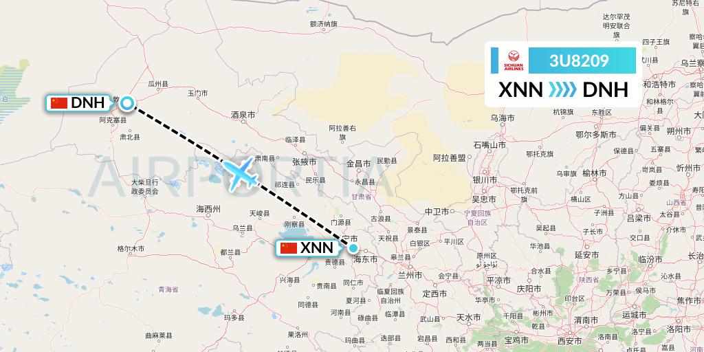 3U8209 Sichuan Airlines Flight Map: Xining to Dunhuang