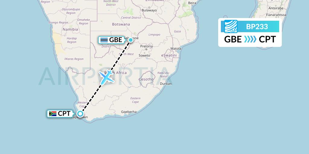 BP233 Air Botswana Flight Map: Gaborone to Cape Town