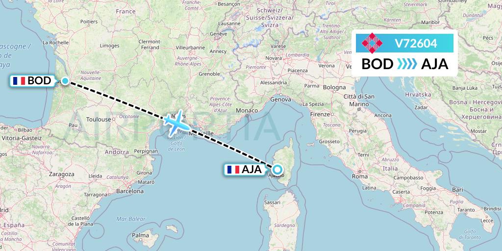 V72604 Volotea Flight Map: Bordeaux to Ajaccio