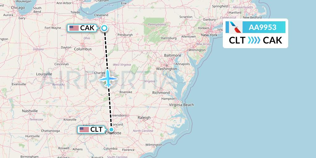 AA9953 American Airlines Flight Map: Charlotte to Akron