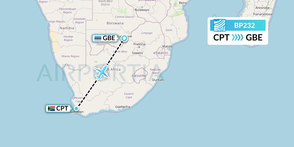 BP232 Air Botswana Flight Map: Cape Town to Gaborone