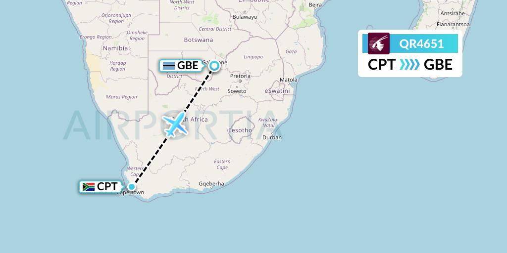 QR4651 Qatar Airways Flight Map: Cape Town to Gaborone