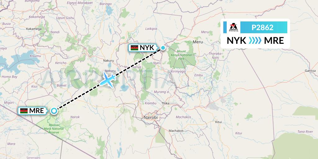 P2862 Airkenya Express Flight Map: Nanyuki to Mara Lodges
