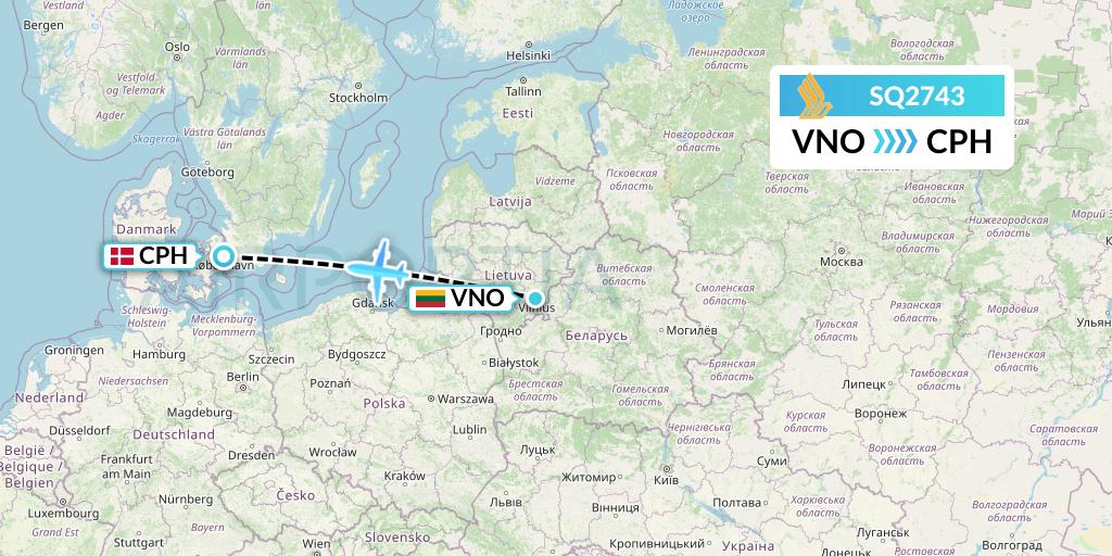 SQ2743 Singapore Airlines Flight Map: Vilnius to Copenhagen