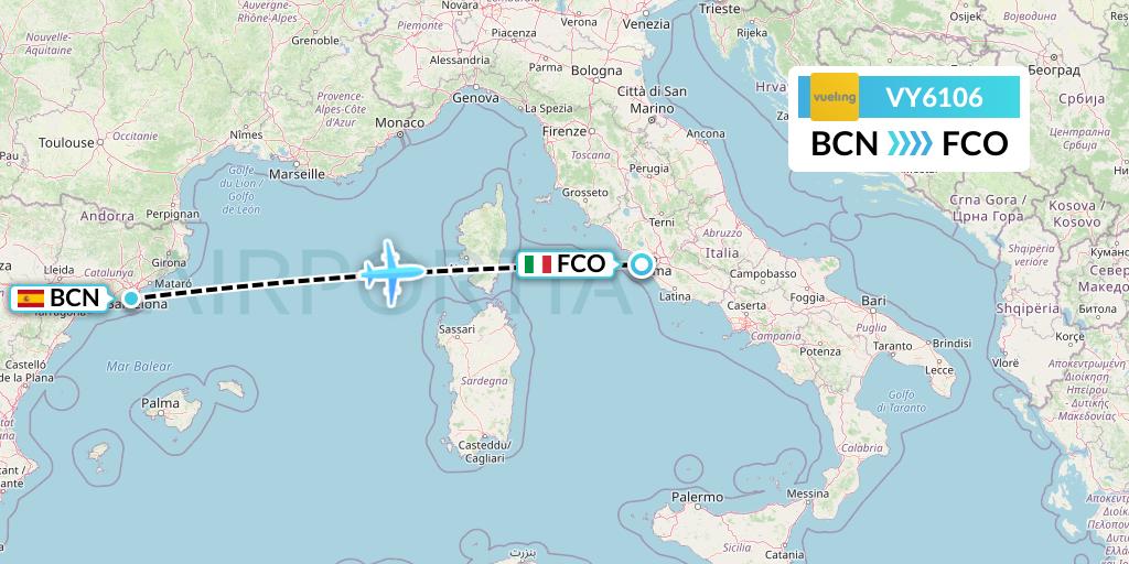 VY6106 Vueling Flight Map: Barcelona to Rome