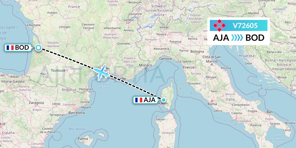 V72605 Volotea Flight Map: Ajaccio to Bordeaux