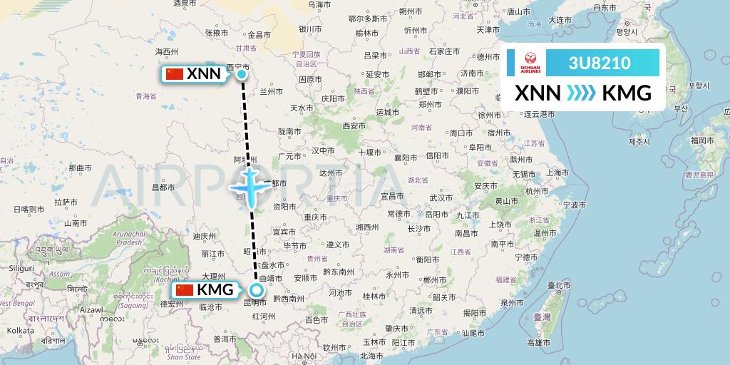 3U8210 Sichuan Airlines Flight Map: Xining to Kunming