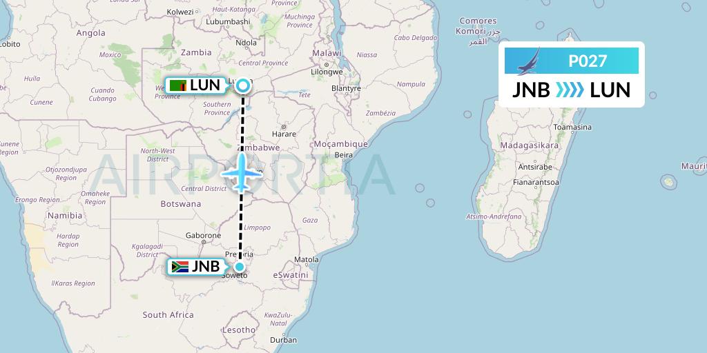 P027 Proflight Air Services Flight Map: Johannesburg to Lusaka