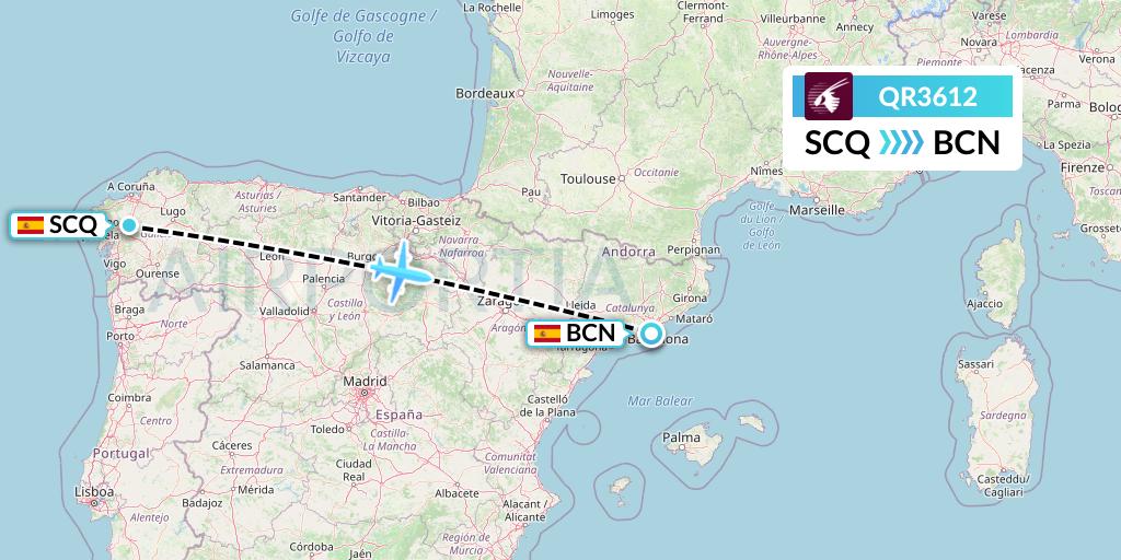 QR3612 Qatar Airways Flight Map: Santiago to Barcelona