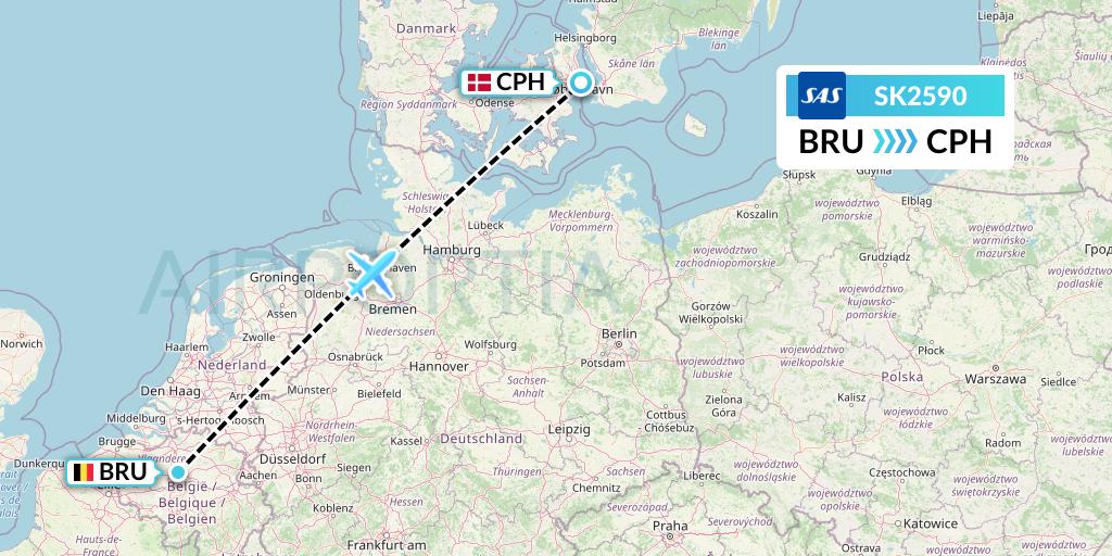 SK2590 SAS Flight Map: Brussels to Copenhagen