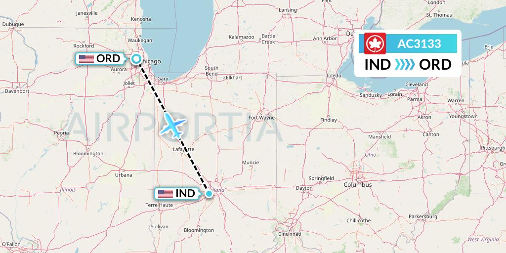 AC3133 Air Canada Flight Map: Indianapolis to Chicago