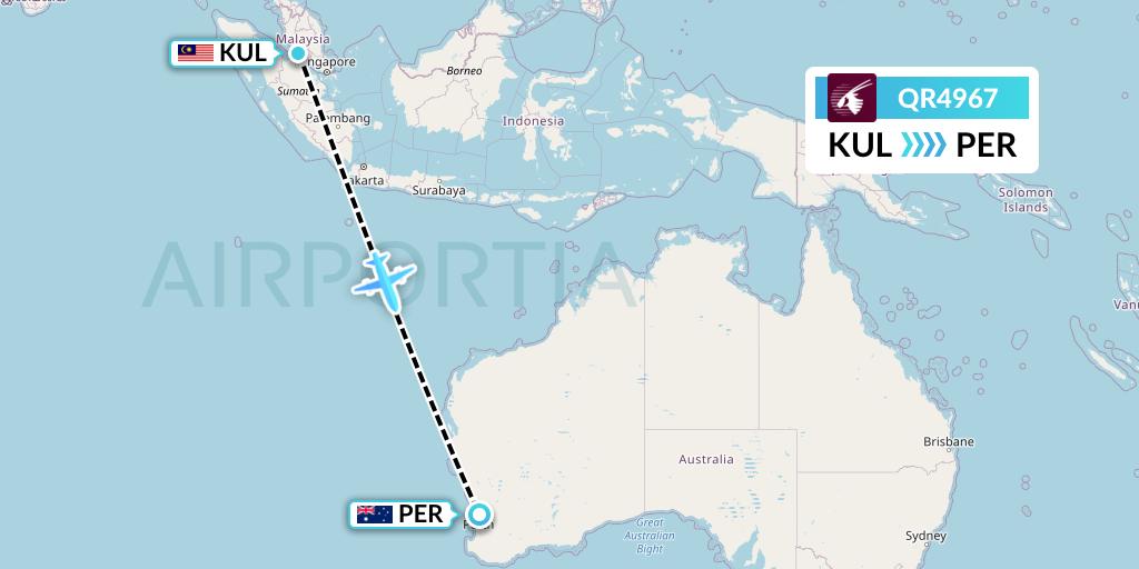 QR4967 Qatar Airways Flight Map: Kuala Lumpur to Perth