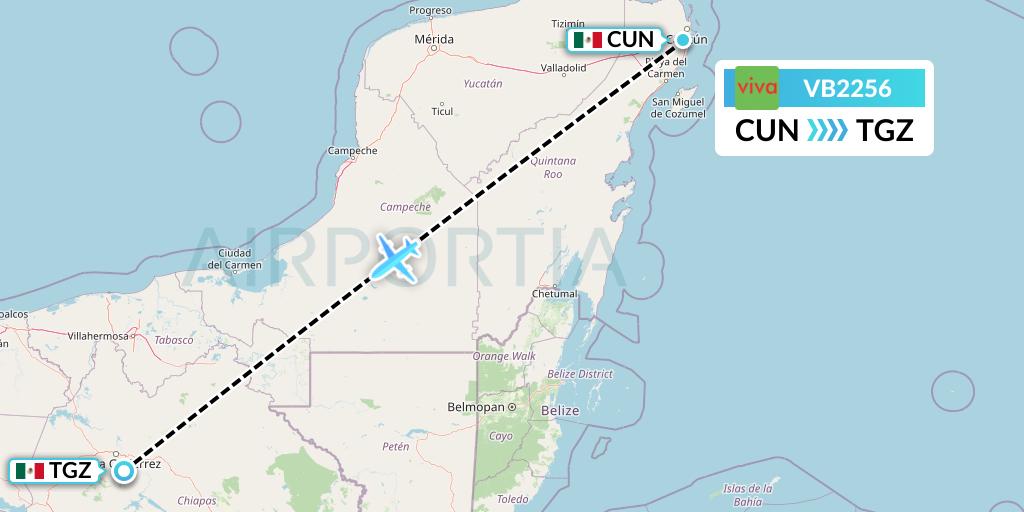 VB2256 VivaAerobus Flight Map: Cancun to Tuxtla Gutierrez