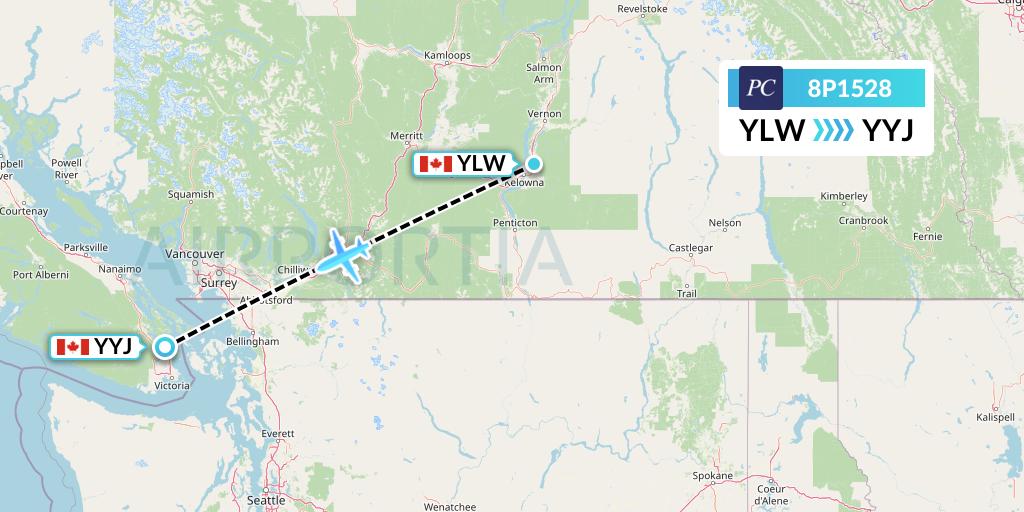 8P1528 Pacific Coastal Airlines Flight Map: Kelowna to Victoria