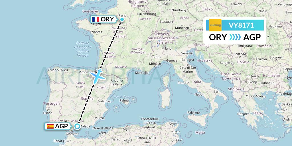 VY8171 Vueling Flight Map: Paris to Malaga