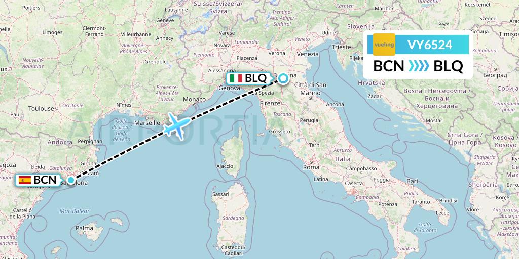 VY6524 Vueling Flight Map: Barcelona to Bologna
