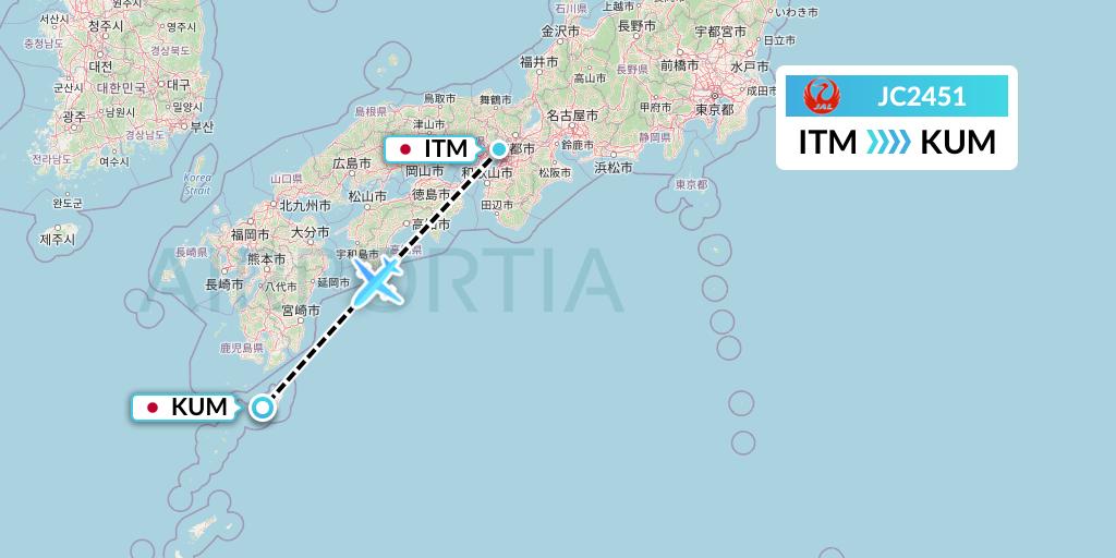 JC2451 Japan Air Commuter Flight Map: Osaka to Yakushima