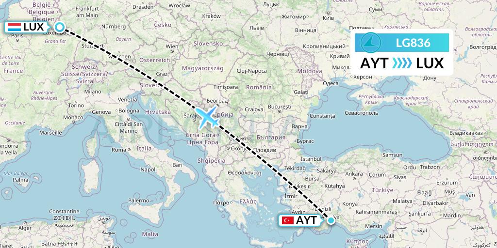 LG836 Luxair Flight Map: Antalya to Luxembourg