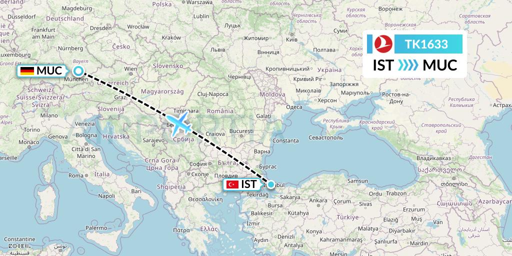 TK1633 Turkish Airlines Flight Map: Istanbul to Munich