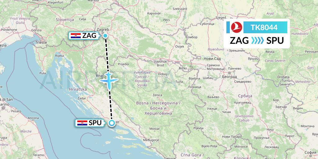 TK8044 Turkish Airlines Flight Map: Zagreb to Split