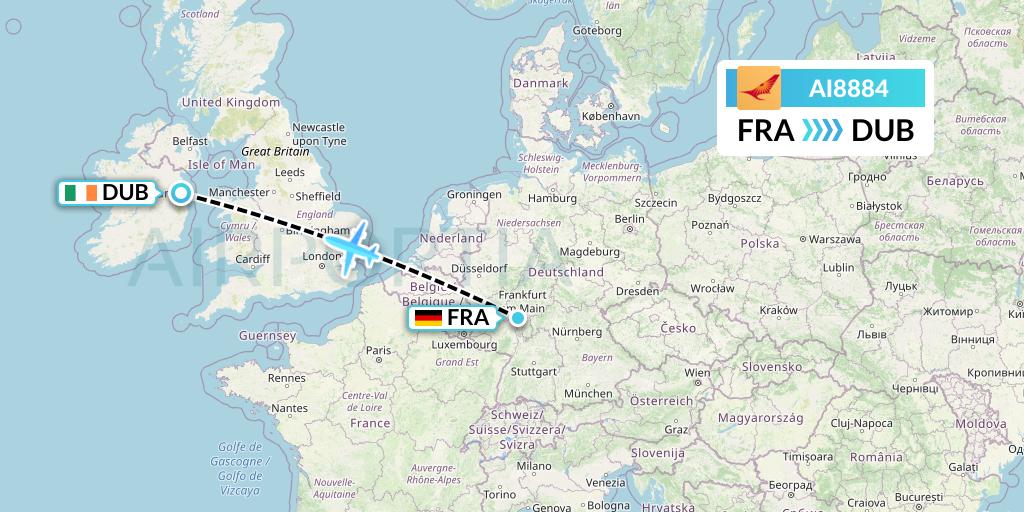 AI8884 Air India Flight Map: Frankfurt to Dublin
