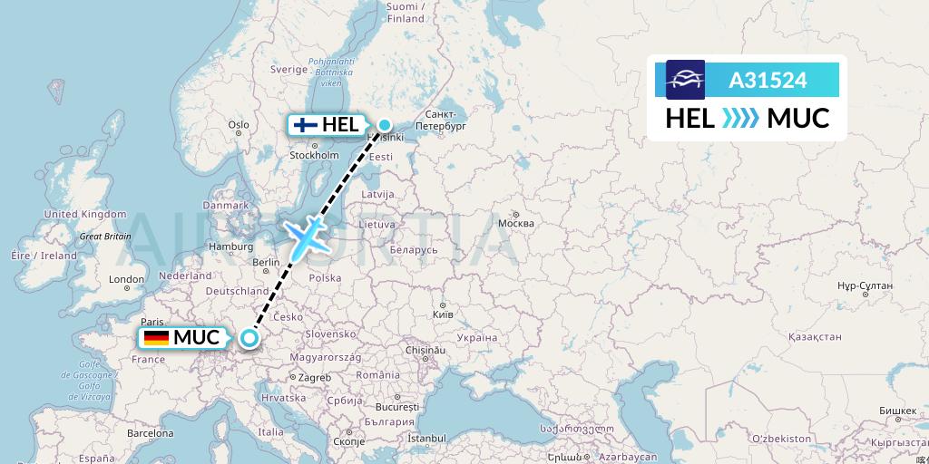 A31524 Aegean Airlines Flight Map: Helsinki to Munich
