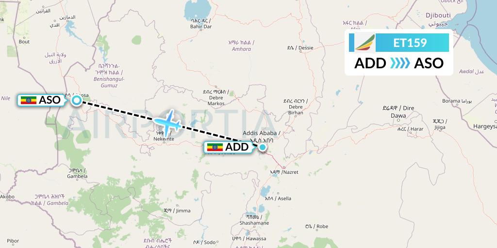 ET159 Ethiopian Airlines Flight Map: Addis Ababa to Asosa