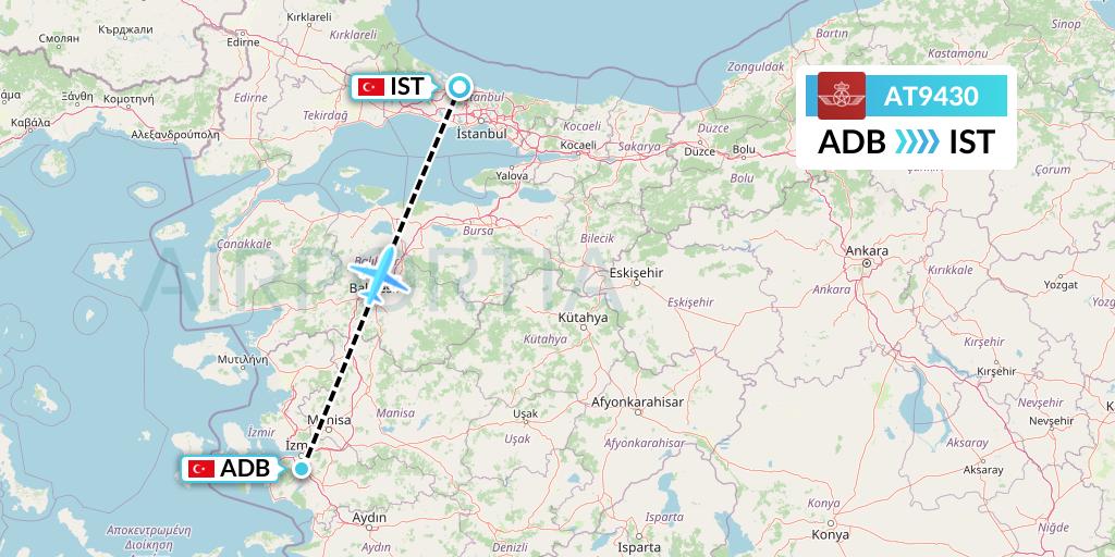 AT9430 Royal Air Maroc Flight Map: Izmir to Istanbul
