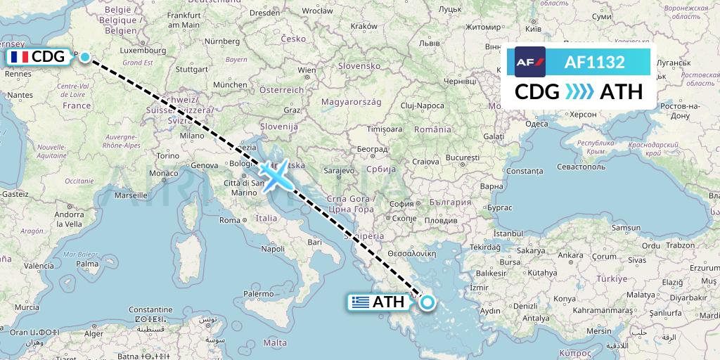AF1132 Air France Flight Map: Paris to Athens