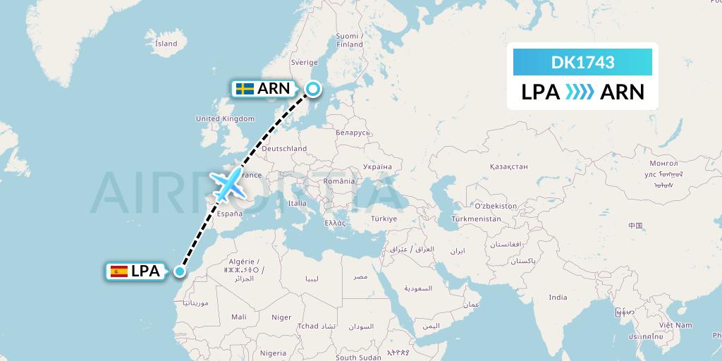 DK1743 Thomas Cook Airlines Scandinavia Flight Map: Las Palmas to Stockholm