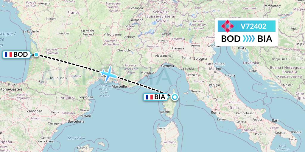 V72402 Volotea Flight Map: Bordeaux to Bastia
