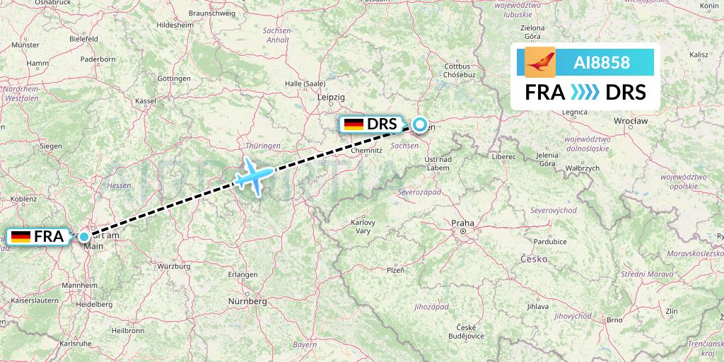 AI8858 Air India Flight Map: Frankfurt to Dresden