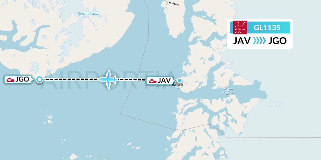 GL1135 Air Greenland Flight Map: Ilulissat to Qeqertarsuaq Airport