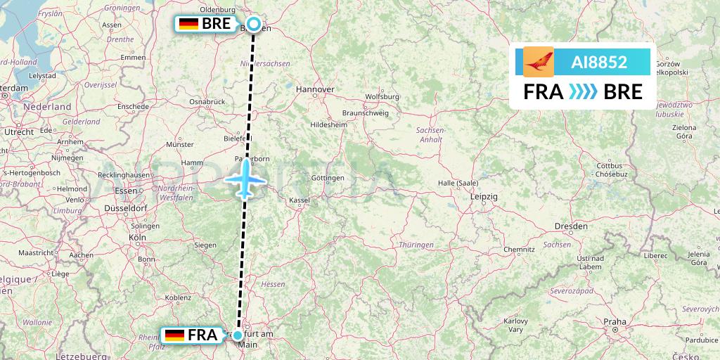 AI8852 Air India Flight Map: Frankfurt to Bremen
