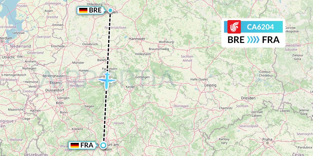 CA6204 Air China Flight Map: Bremen to Frankfurt