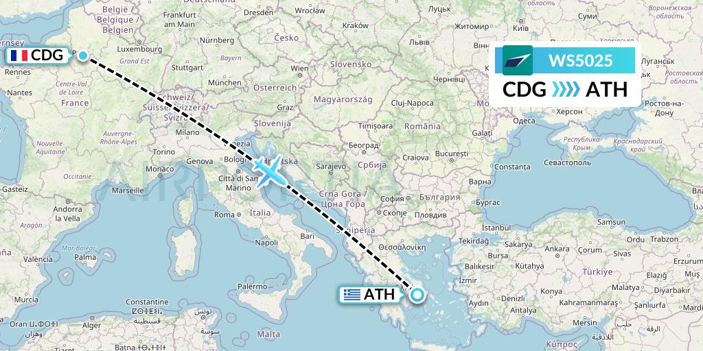 WS5025 WestJet Flight Map: Paris to Athens