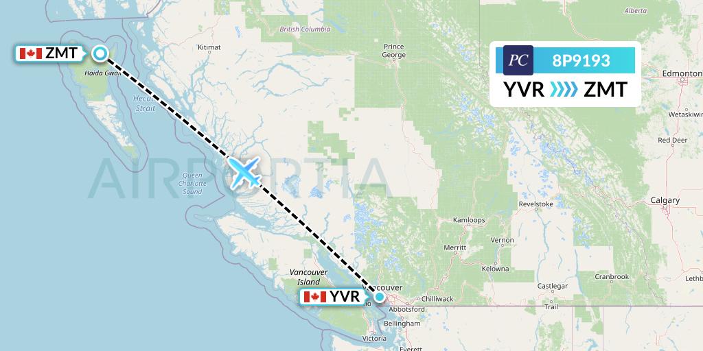 8P9193 Pacific Coastal Airlines Flight Map: Vancouver to Masset