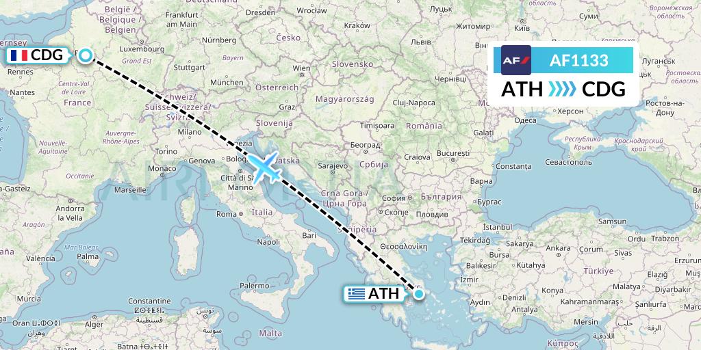 AF1133 Air France Flight Map: Athens to Paris